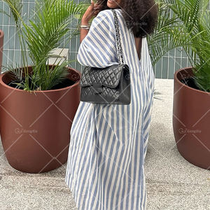 GX7245A abbigliamento di moda Boutique abito lungo largo a manica corta con stampa a strisce eleganti Maxi abiti senza scollo a V - Product Image 5