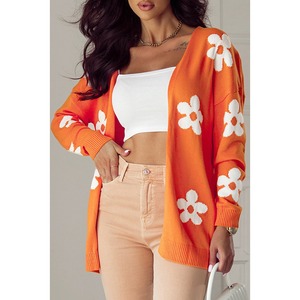 High Quality Customized <strong>Orange</strong> Floral Print Knitted Open Front Loose <strong>Cardigan</strong> for <strong>Women</strong> Casual Long Style for Winter - Product Image 1