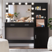 Ensemble coiffeuse éclairée avec miroir de maquillage lumineux pour chambre et salle de bain, en bois avec plateau en verre miroir