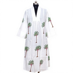 White Palm <b>Tree</b> Knee-Length V-Neck Batwing Sleeve Loose Fit Summer Vacation Style Cotton Casual Washable Breathable Dress - Product Image 1