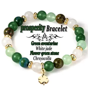 Lucky Four Leaf Clover Pendant Natural Jade 8mm Unakite Bead Shamrock Bracelet Irish Celtic Jewelry