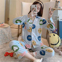 Pyjama coréen décontracté pour femme, ensemble deux pièces en soie de lait à imprimé floral, manches longues, avec poches, pour l'été, vente en gros