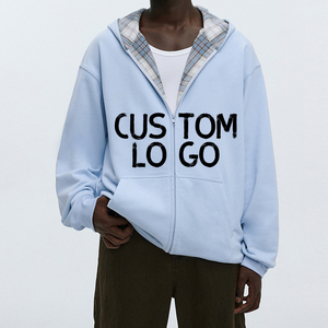 Sweat à capuche zippé entièrement doublé à carreaux, logo personnalisé, coupe ample, manches longues, streetwear décontracté, personnalisation en gros pour hommes - Product Image 1