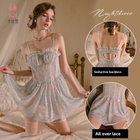Kameixue Lingerie Seksi Musim Dingin Gaun Tali Transparan Berbahan Jala Gaun Tidur Wanita Berenda Slim-Fit Empire Waist Kerah Berumbai