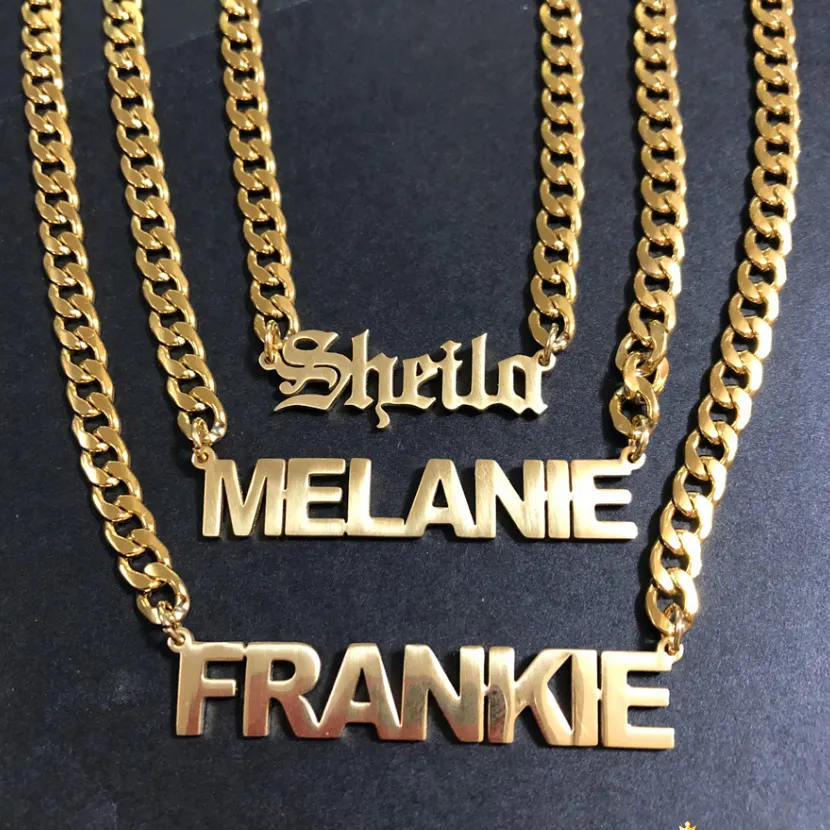 Custom Name Personalized Necklaces Stainless Steel Flat Cuban Chain Gold Necklace