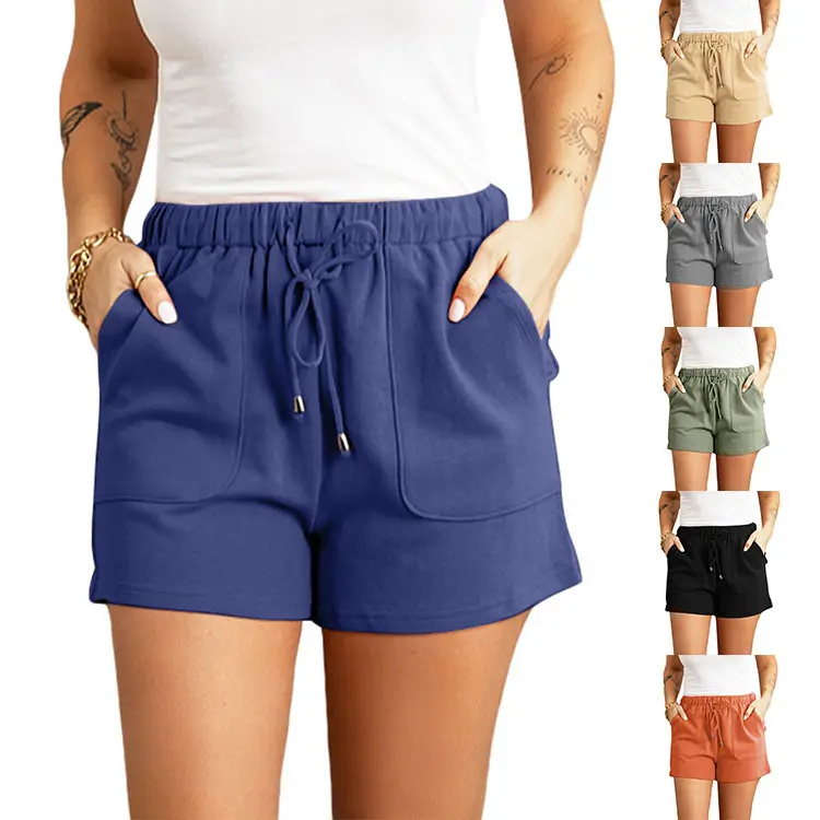 Women's Summer Solid Color New High Waist Straight Drawstring Loose Casual Shorts
