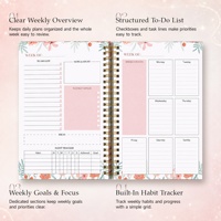 Planificateur hebdomadaire professionnel en anglais avec couverture en papier esthétique florale A5 personnalisée, impression couleur et spirale métallique