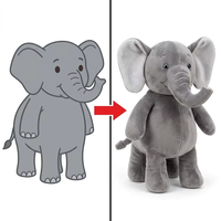 Mascotte d'éléphant de safari en peluche personnalisée avec trompe bouclée et queue duveteuse, prototype en peluche sur mesure, développement de dessin original