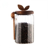 Pot de rangement en verre rayé couvercle en bois cuillère en acier inoxydable cuisine herbe épices pot de stockage des aliments livraison directe poids léger