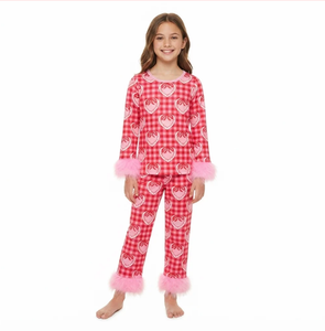Ensemble pyjama décontracté rose à carreaux et cœurs pour filles, sans manches, avec pantalon et bordure moelleuse chaude, écoresponsable - Product Image 3