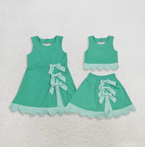 Conjunto de Ropa de Verano para Niñas: Vestido sin Mangas con Falda Tipo Camiseta y Lazo de Guingán Verde, Estilo Hermanas a Juego, Venta al por Mayor - Product Image 1