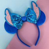 Serre-tête motif Stitch avec oreilles bleues et nœud à sequins, bandeau mignon de dessin animé pour femmes et filles