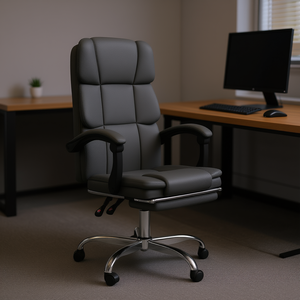 Sedia da Ufficio Reclinabile Grigio Scuro con Base Cromata e Braccioli Fissi, Stile Esecutivo, Girevole per Uso Ufficio - Product Image 2