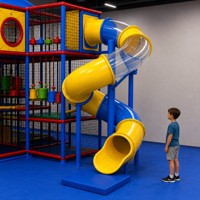 Parc d'attractions intérieur amusant avec toboggans lumineux, défis de puzzle, trampolines circulaires et équitation pour enfants