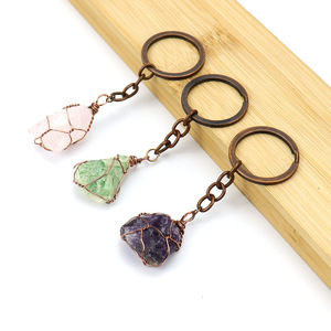 For Hot Sale Pastoral Copper Wire Wound Natural Crystal Raw Stone Keychain Pendant Bag Pendant K33