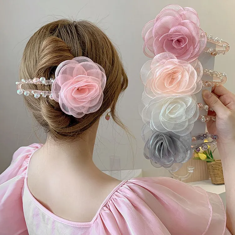 Wholesale Plastic Hair Clips Big Organza Flower Hair accessories beads Large Hair claw clips for Girls Women