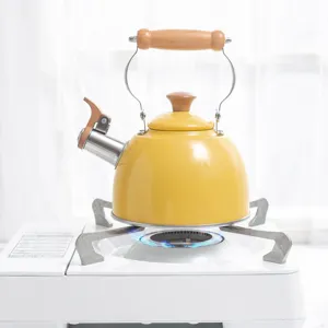 Hotsales 1.5L yellow 304 stainless steel whistling tea kettle with wooden handle