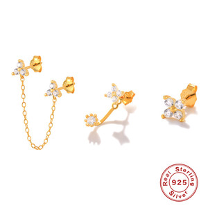 ROXI 3Pcs/set Flower Zircon <b>Stud</b> <b>Earrings</b> <b>Chain</b> Double Pierced <b>Stud</b> <b>Earrings</b> Set S925 Sterling Silver - Product Image 3