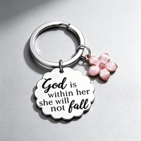 Porte-clés festonné en acier inoxydable avec citation inspirante gravée et breloque fleur rose, cadeau de foi religieuse pour femmes et amies