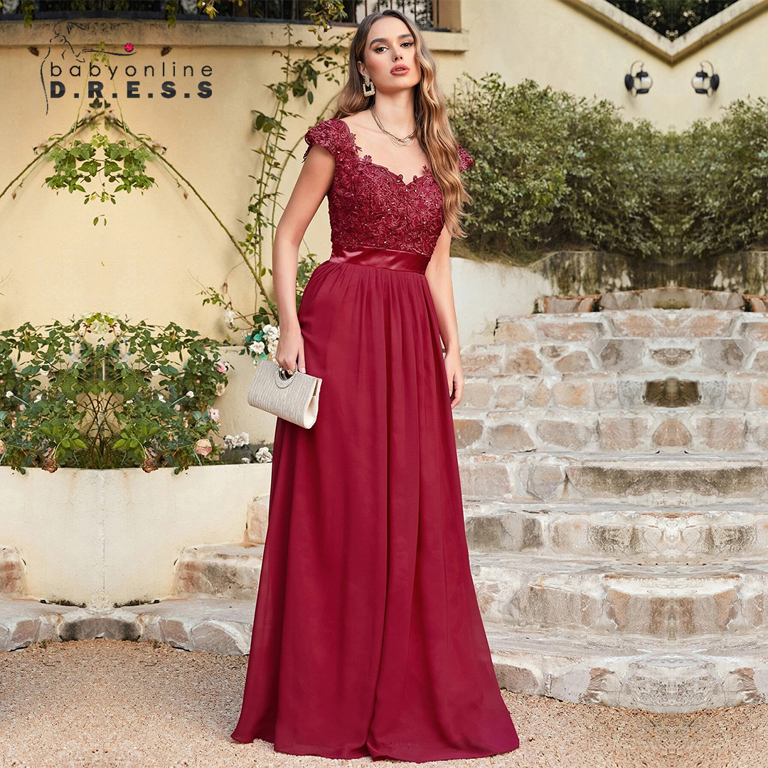 Elegant Long Beading Lace Bodice Chiffon V Neck a Line Maxi Gowns Wedding  Party Gowns Plus Size Burgundy Bridesmaid Dresses| Alibaba.com