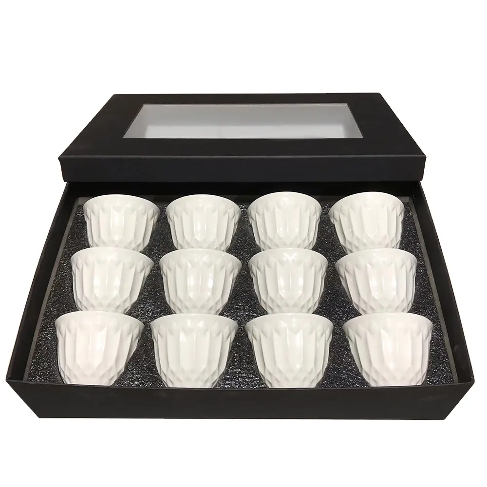 Ethiopische Arabische Koffiekop Gawa Witte Reliëf Food-Grade Keramische Espresso Cawa Cups Set