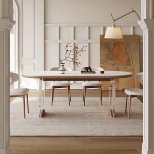 Mesa de Comedor Rectangular de Estilo Moderno y Minimalista con Tapa de Acrílico Travertino y Patas de Madera, Muebles para Sala de Estar - Product Image 3