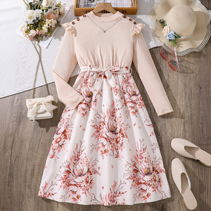 2024 New <strong>Teenager</strong> Girl's Ruffle Sleeve Stretchy A-Line Swing Flared Party Floral <strong>Dress</strong> for 8-12 Years - Product Image 1