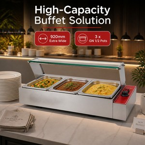 เครื่องอุ่นอาหารแบบ Bain Marie ยี่ห้อ Commercial Electric 3 ช่อง ขนาด 220V 1.5kW พร้อมกระจกกั้นป้องกันละอองฝอย สำหรับบุฟเฟ่ต์ ร้านอาหาร และงานจัดเลี้ยง - Product Image 3