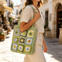 Tas Selempang Wanita Rajutan Tangan Kreatif dari Linen dengan Dua Tali, Lapisan Katun, dan Patchwork Bunga, Hasil Akhir Rajutan