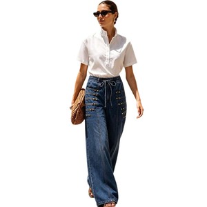 European and American Style High <b>Waisted</b> Wide Leg <b>Jeans</b> with Washed Metal Buckle Design and Drawstring <b>Elastic</b> Waistband - Product Image 6