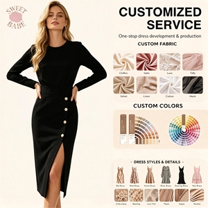 Vestido Midi Elegante al por Mayor con Cuello Alto y Manga Larga, Abertura Alta, para Invitadas de Boda y Cócteles, Servicio Personalizado - Product Image 1