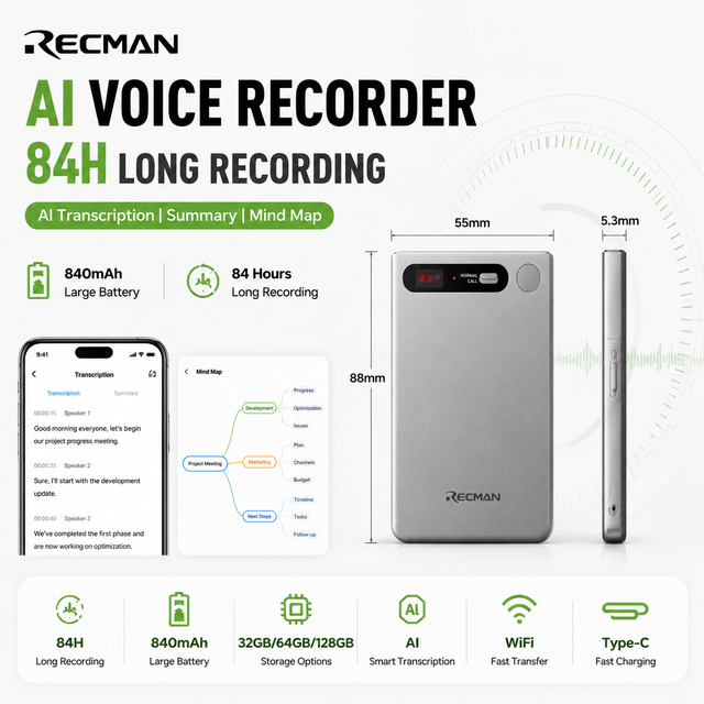84H Long Recording Voice Recorder with 840mAh Battery, AI Transcription, WiFi & Bluetooth Transfer
