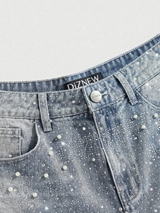 DiZNEW <span class=keywords><strong>Short</strong></span> <span class=keywords><strong>en</strong></span> jean pour homme à strass et perles, délavé clair, taille mi-haute, fabricant de <span class=keywords><strong>jeans</strong></span> de qualité supérieure - Product Image 2