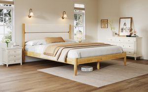 Cadre de lit moderne réglable en bois massif taille Queen avec tête de lit rembourrée en polaire écologique ivoire - Product Image 3