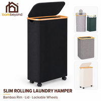 Panier à linge fin et étroit en bambou durable avec couvercle verrouillable, roulettes et pliable, pour salle de bain et chambre, certifié