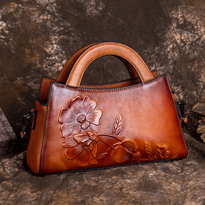 Borsa a Mano Vintage in Vera Pelle da Donna 2024, Stile Retrò Country, Grande Capacità, Pratica Tracolla, Cerniera, Motivo Floreale in Rilievo - Product Image 6
