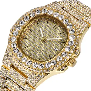 Relógios luxuosos de hip hop, grande com strass e diamante, quadrado, de quartzo, dourado