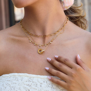 Ensemble de colliers porte-bonheur en acier inoxydable 18 carats, pendentif en strass pour femmes, bijoux cadeau, Design de fleurs géométriques - Product Image 3