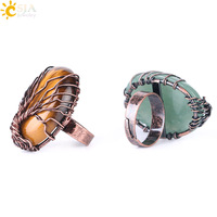 CSJA Fashion Antique Copper Natural Opal Stone Crystal Oval Bead Wire Wrapped Tree of Life Adjustable Rings for Women F391