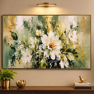 Decoración de Pared de Lienzo Acrílico Pintado a Mano con Arte Floral Moderno, Estilo para Interiores, para Todas las Estaciones, Panel Alto, Hecho a Mano, con Marco - Product Image 1