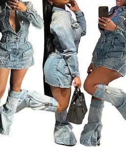 Nieuw-Hoge Kwaliteit Herfst Winter Nieuwste Mode Dames Jurk High Street Lange Mouw Casual Jurken Vrouwen Trendy Denim Jurken