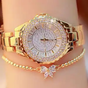 Luxo Ouro Diamante Relógios Mulheres Marca Senhoras Pulseira De Cristal Quartz Relógio De Pulso Gift Set Relojes De Cuarzo