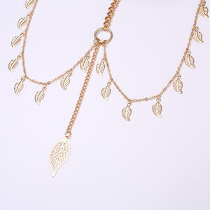 Chaîne de corps tendance en alliage de zinc avec feuille d'or et pompon, chaîne de cuisse élastique à motif végétal, accessoire de fête pour femme - Product Image 4