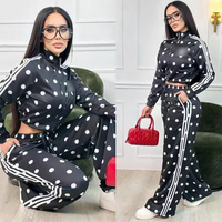 Fabricant OEM ODM sur mesure – Ensemble de survêtement deux pièces pour femme : veste courte zippée et pantalon large à pois et rayures – Commandes en gros pour l'automne