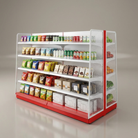 Étagère modulaire de supermarché en métal rouge et blanc 2026, 4 niveaux, 1,2 mm, revêtement en poudre époxy haute résistance, présentoir d'îlot commercial
