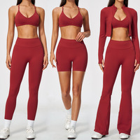 Ensemble de yoga 5 pièces Bnice 5112 pour femme – Leggings sans couture taille haute, pantalon évasé, veste zippée – Tenue de sport et fitness avec logo