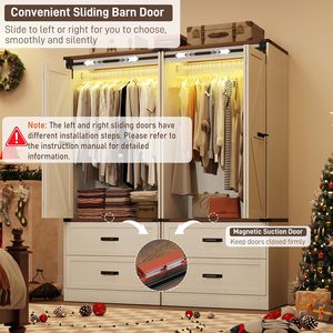 Armoire sur mesure en bois à 2 portes, panneaux surélevés, style ferme, avec éclairage LED, portes coulissantes pliantes type grange, écologique, pour rangement de chambre - Product Image 3