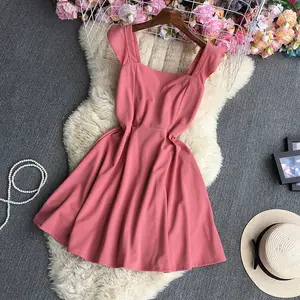 Fresh and simple style solid color suspender dress one word collar sleeveless high waist ladies skirt