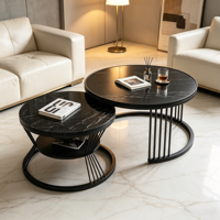 Ensemble de tables basses modernes à effet marbre noir, plateau en métal, table ronde pour le salon