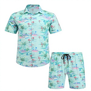 เสื้อเชิ้ตแขนสั้นพิมพ์ลายต้นปาล์มเขตร้อนสีเขียวมิ้นท์สีชมพูฟลามิงโกพร้อมกางเกงขาสั้นเข้าชุด 2 ชิ้น - Product Image 1